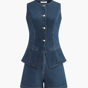 Commense Dark Blue Denim Sleeveless Jean Shorts Set